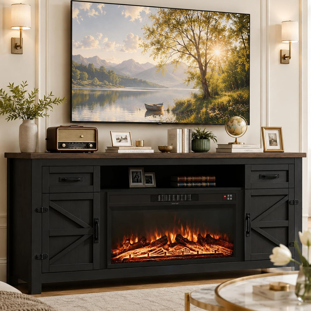 Fireplace TV Stand with Barn Door, 80 inch,Modern Black