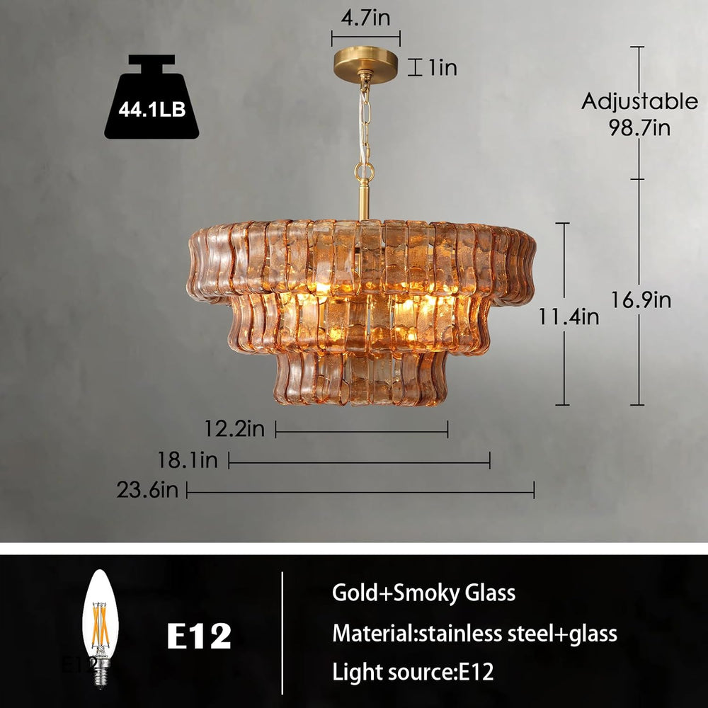 YIOSI Modern Amber Glass Chandelier，23" Gold Round Chandelier for Dining...
