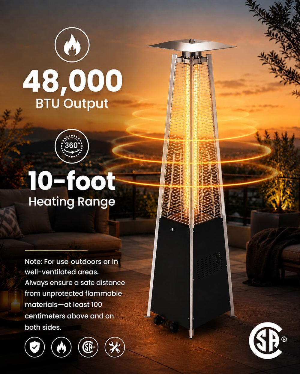 NAVINE 48,000 BTU Pyramid Patio Heater with Wheels, Cover, Dark Black