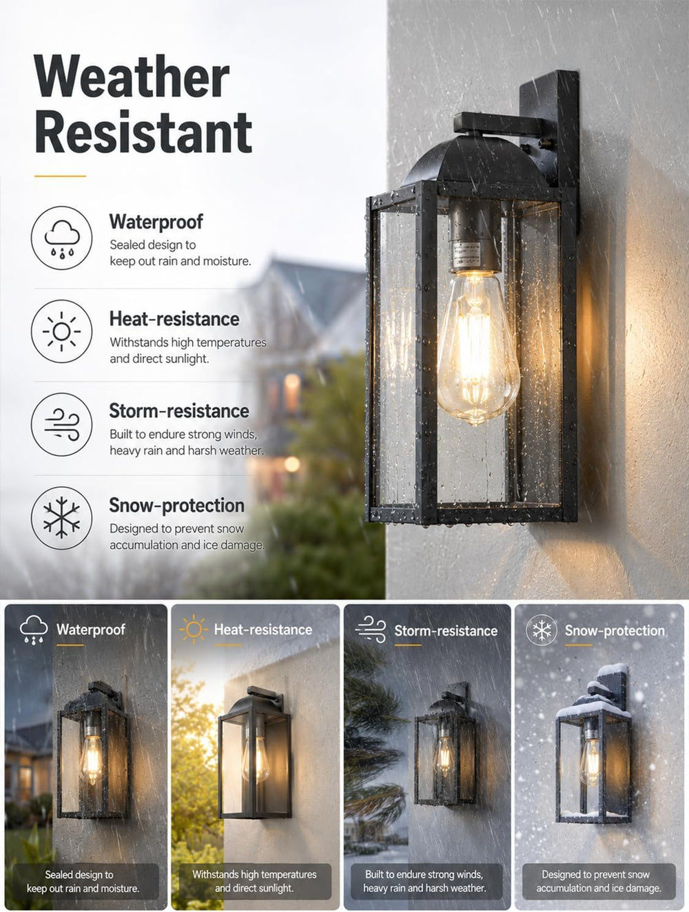 Outdoor Wall Sconce, Waterproof Exterior Lantern, E26 Glass, Black, 1 Pack