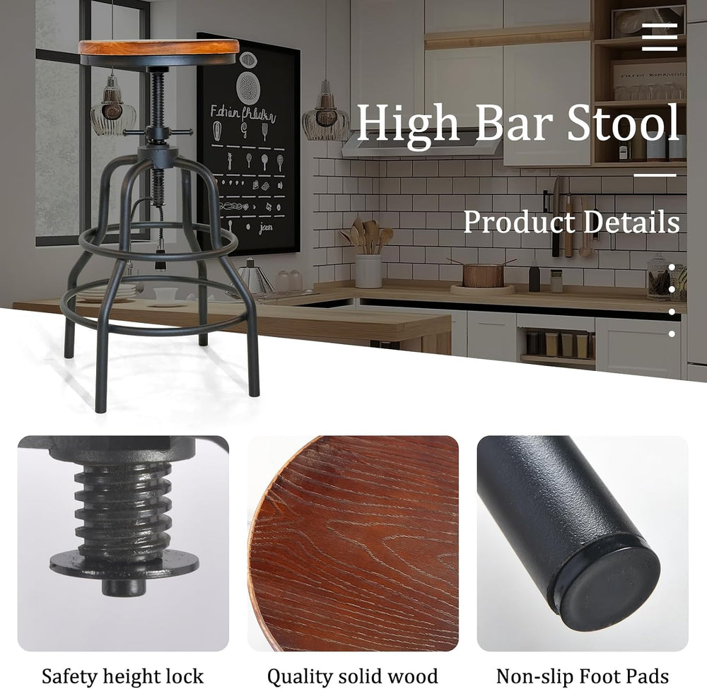 LOKKHAN Vintage Industrial Barstools - 13.8" Dia Round Wooden Brown Seat...