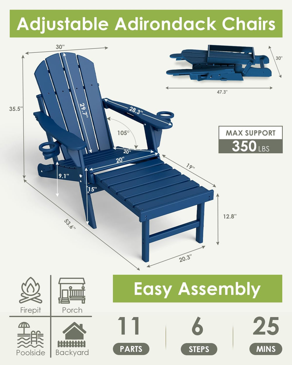GREENVINES Adjustable Adirondack-Chairs-with-Ottoman Set of 4, HDPE, Blue