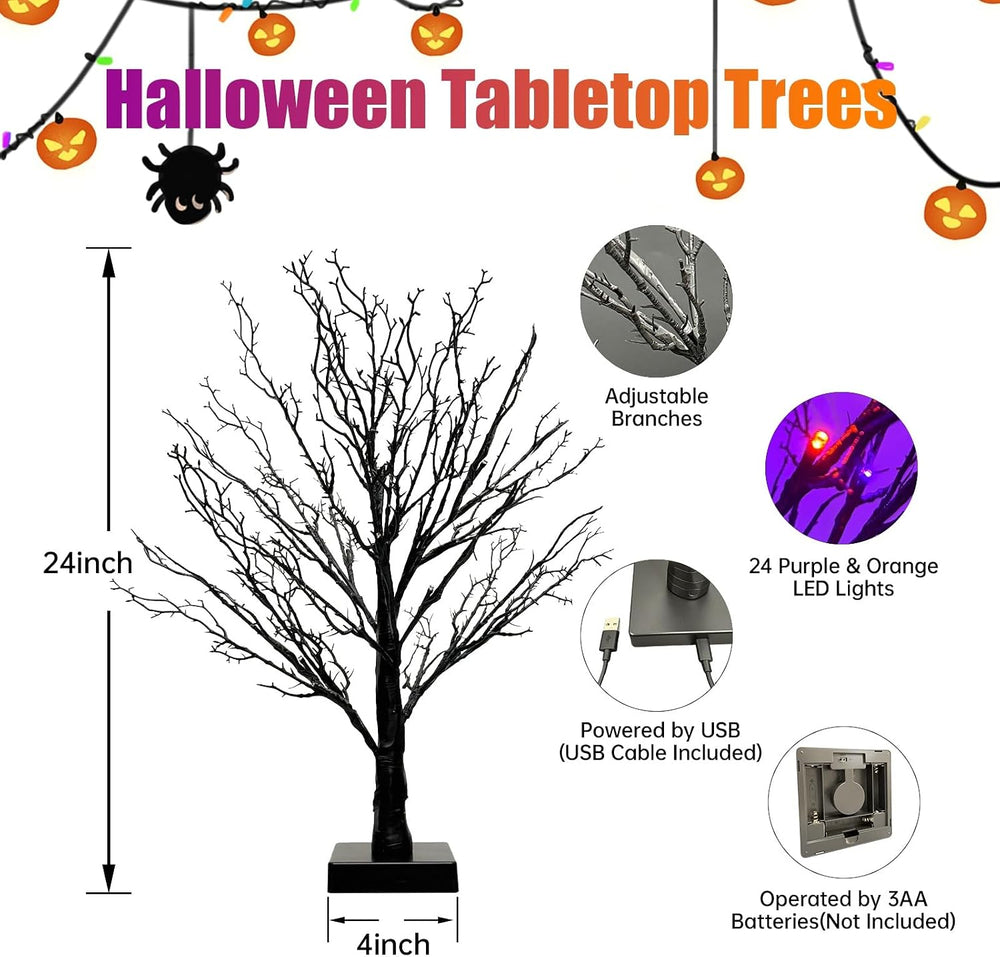 Halloween Decor Indoor, 2 Pack 24 Inch Black Halloween Tree Set, 48 Orange &a...
