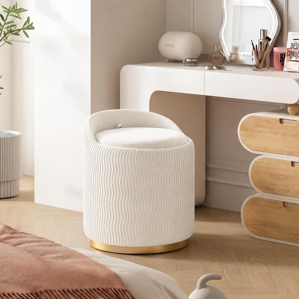 MALOL Vanity Chair with Storage, 360° Swivel Velvet Vanity Stool, Beige