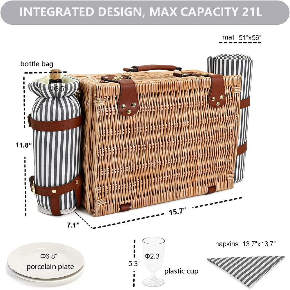 Picnic Basket with Blanket and Wine Pouch for 4, Wicker Picnic Set with Insul...
