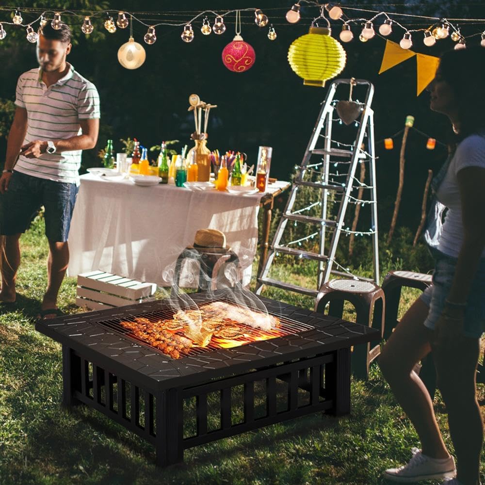 Yaheetech Multifunctional Fire Pit Table 32in Square Metal Firepit Stove