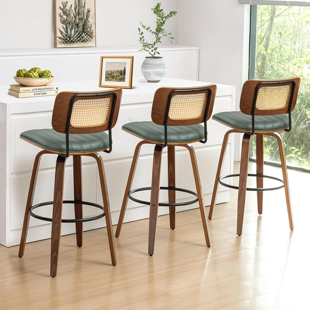 Rattan Swivel Bar Stools, Mid Century Bar Stools with Walnut Craftsmanship