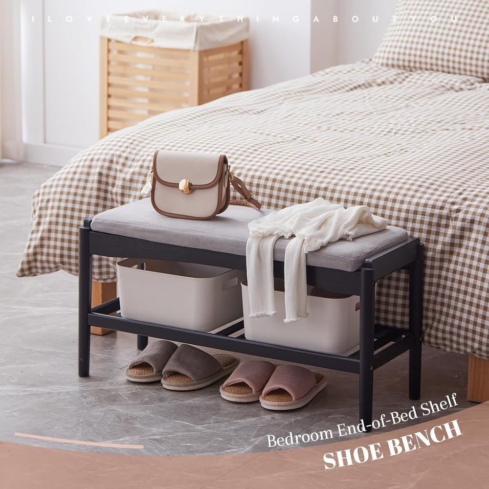 STDDRE Shoe Bench Entryway Bamboo 2-Tier Shoe Rack with Cushion Padded Seat S...