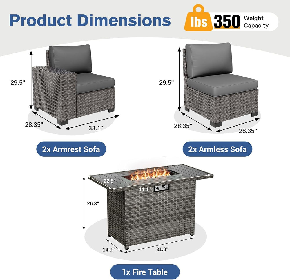 Patio Furniture Set with 44'' Fire Pit Table, 5 Pcs Outdoor Sectional...