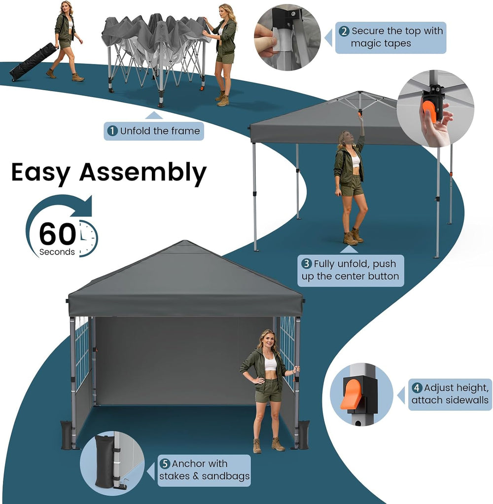 Raynesys 10x10ft Pop Up Canopy Tent with Sidewalls for Events, Parties
