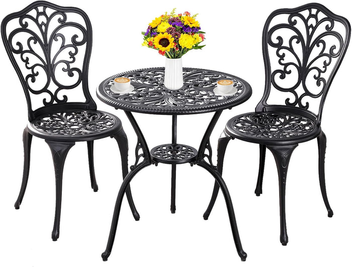 Outdoor Bistro Set 3 Piece Patio Bistro Set, Cast Aluminum Bistro Table and Chairs Set of 2, Small Patio Table Set for Porch, Black