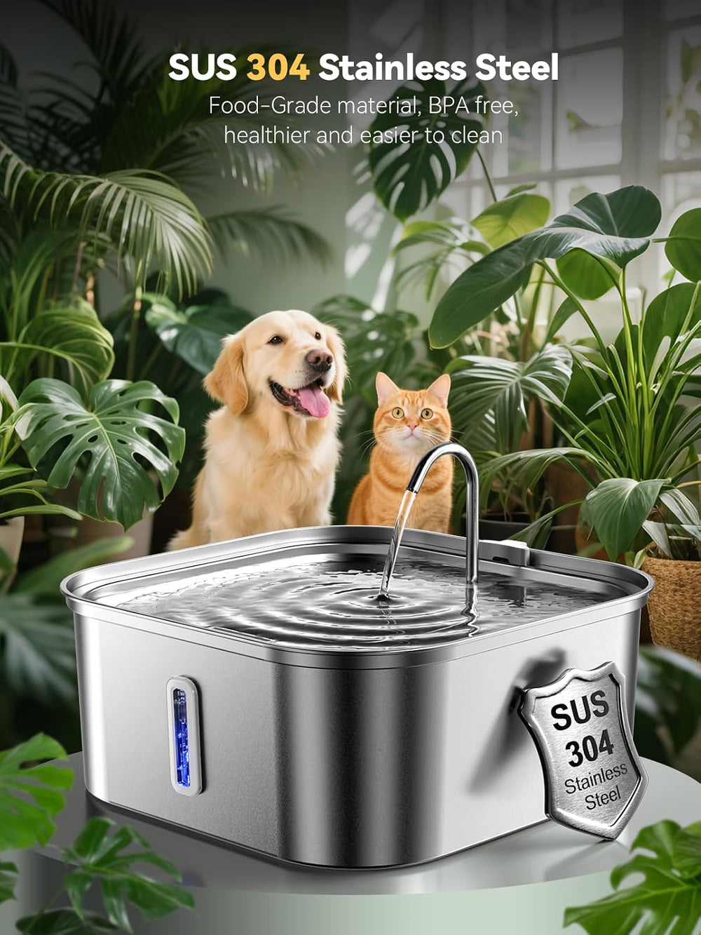 Large Dog Water Fountain 14L/3.7Gal, Stainless Steel Pet Fountain for Large D...