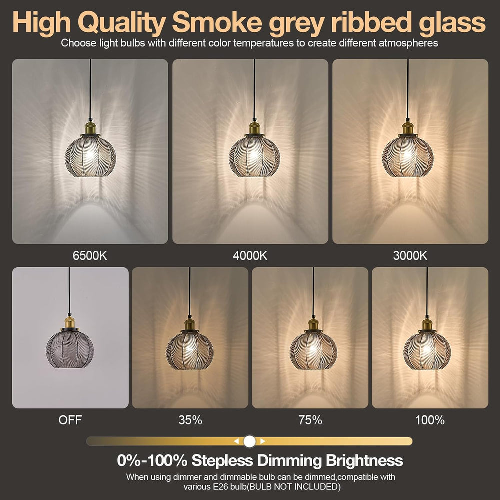 Dia 7.8" Vintage Smoke Gray Ribbed Glass Pendant Light Fixture, E26