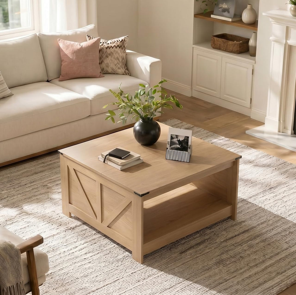 OKYCI Farmhouse Coffee Table for Living Room, Wood Square Coffee Tables, 31.5...