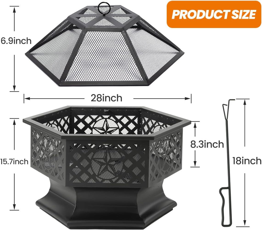 Panovue Outdoor 28 Inch Hex-Shaped Fire Pit with Spark Screen Black