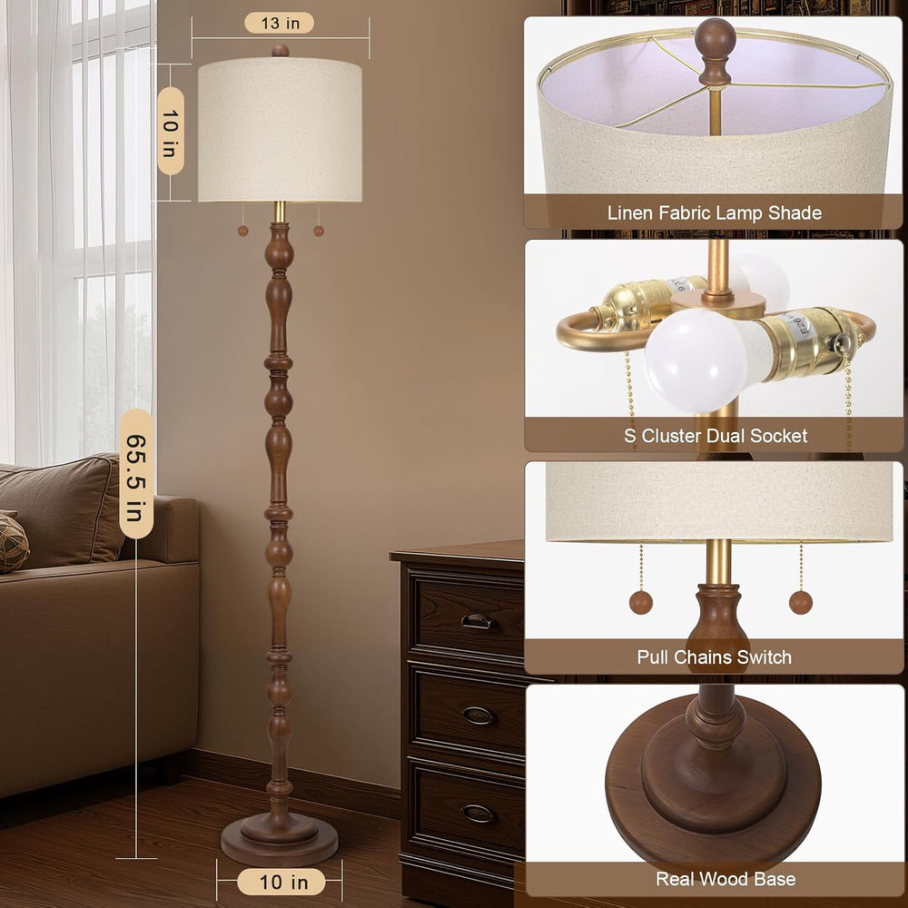 Scenekoy 65.5" Natural Real Wood Floor Lamp with Dual Pull Chains Switch