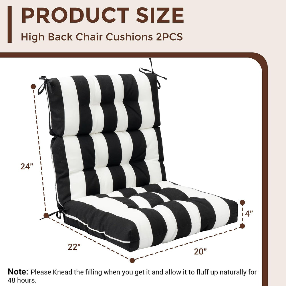 FUNHOME Indoor/Outdoor High Back Chair Cushions Set of 2-Black White Stripe