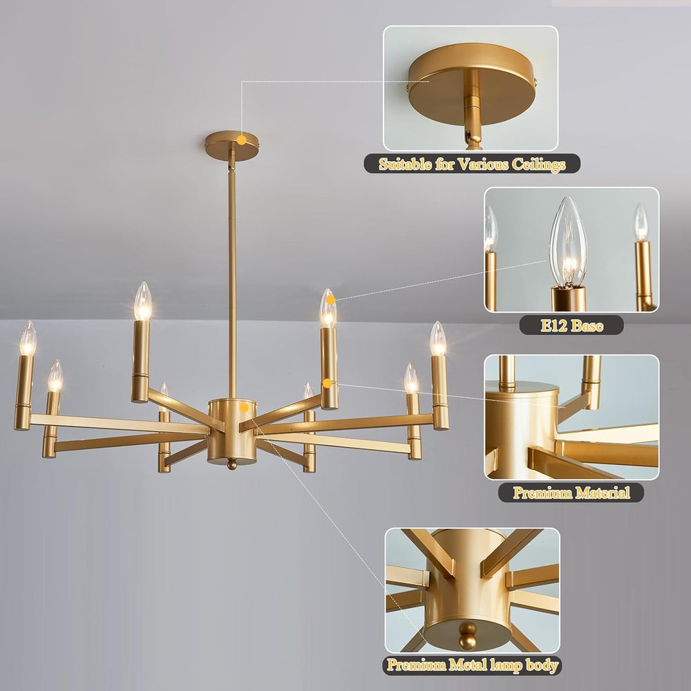 ASGYISA 8-Light Gold Candle Chandeliers Modern Farmhouse Ceiling Light Fixtur...