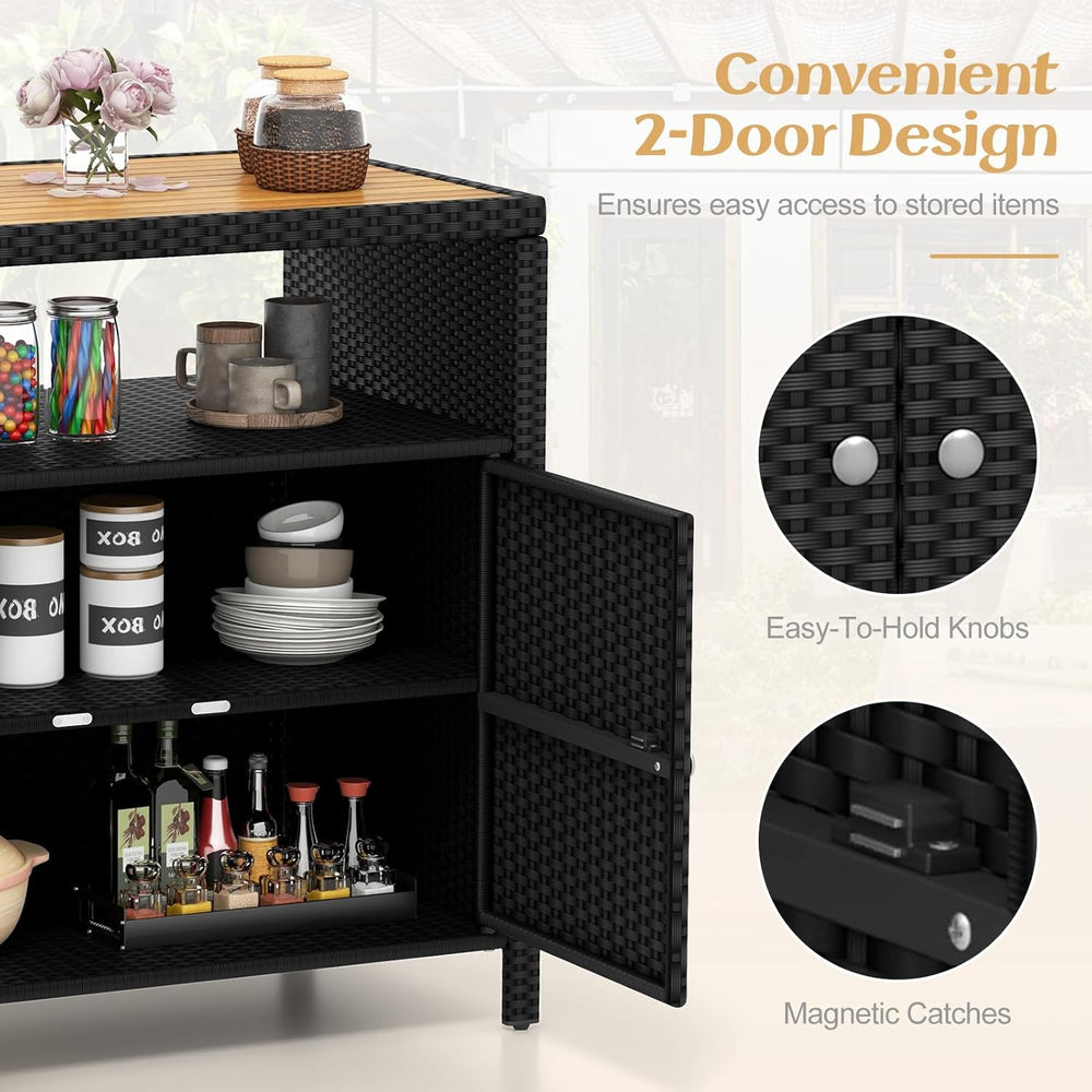 Tangkula Rattan Outdoor Storage Cabinet, Patiojoy Outdoor Cabinet with Acacia...