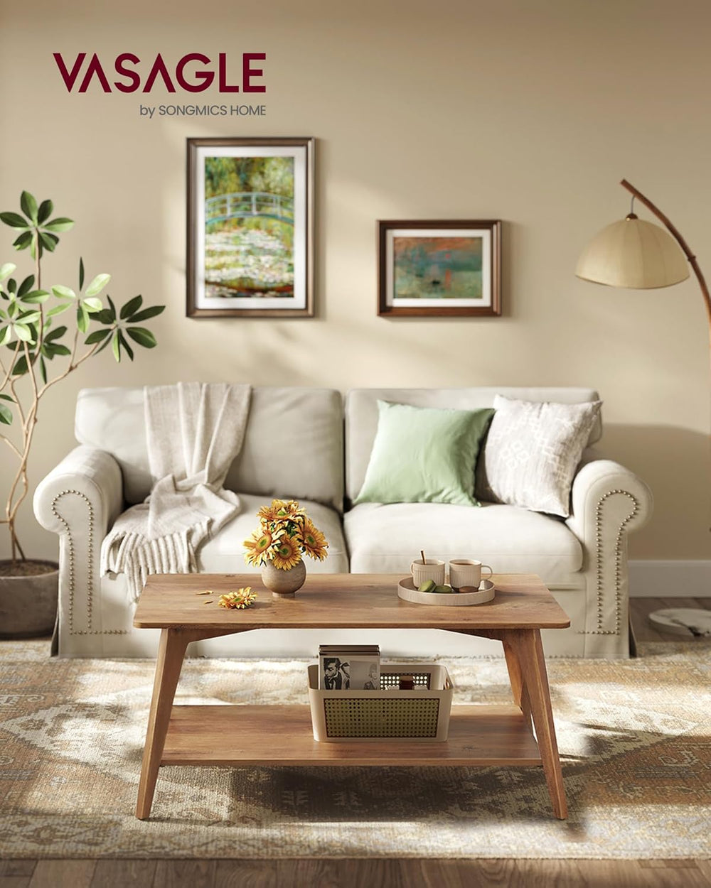 VASAGLE Coffee Table, 2-Tier Center Table with Storage, Tapered Legs