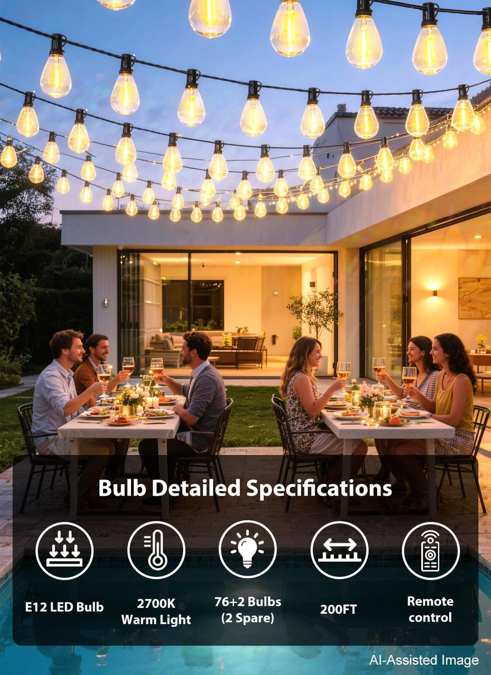 200FT Outdoor String Lights with 76+2 S11 LED Bulbs, Waterproof Dimmable Pati...