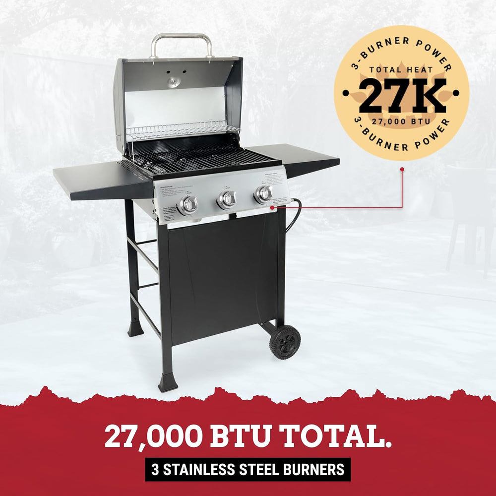 Grill Boss 3 Burner Propane Gas Grill, Portable BBQ, Lid, Wheels & Shelves
