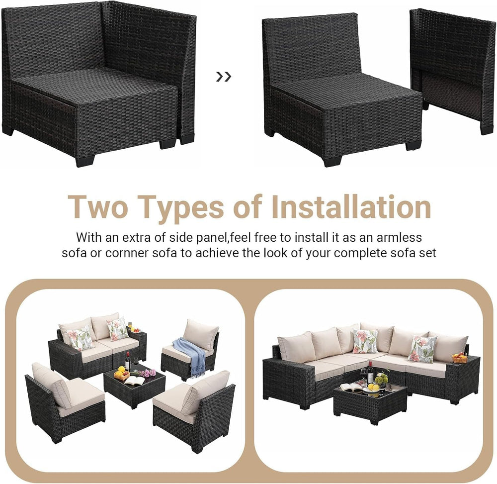 Patio Furniture Set, 6 Pieces Outdoor Couch Sofa with Wider Armrests & Gl...