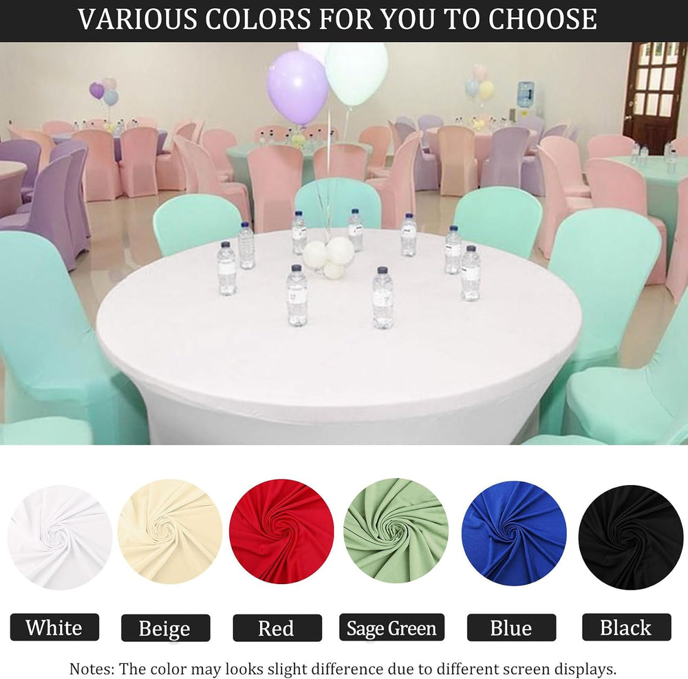 8 Pack 6FT Round Spandex Tablecloth 72” White Elastic Table Cover Washable Wr...