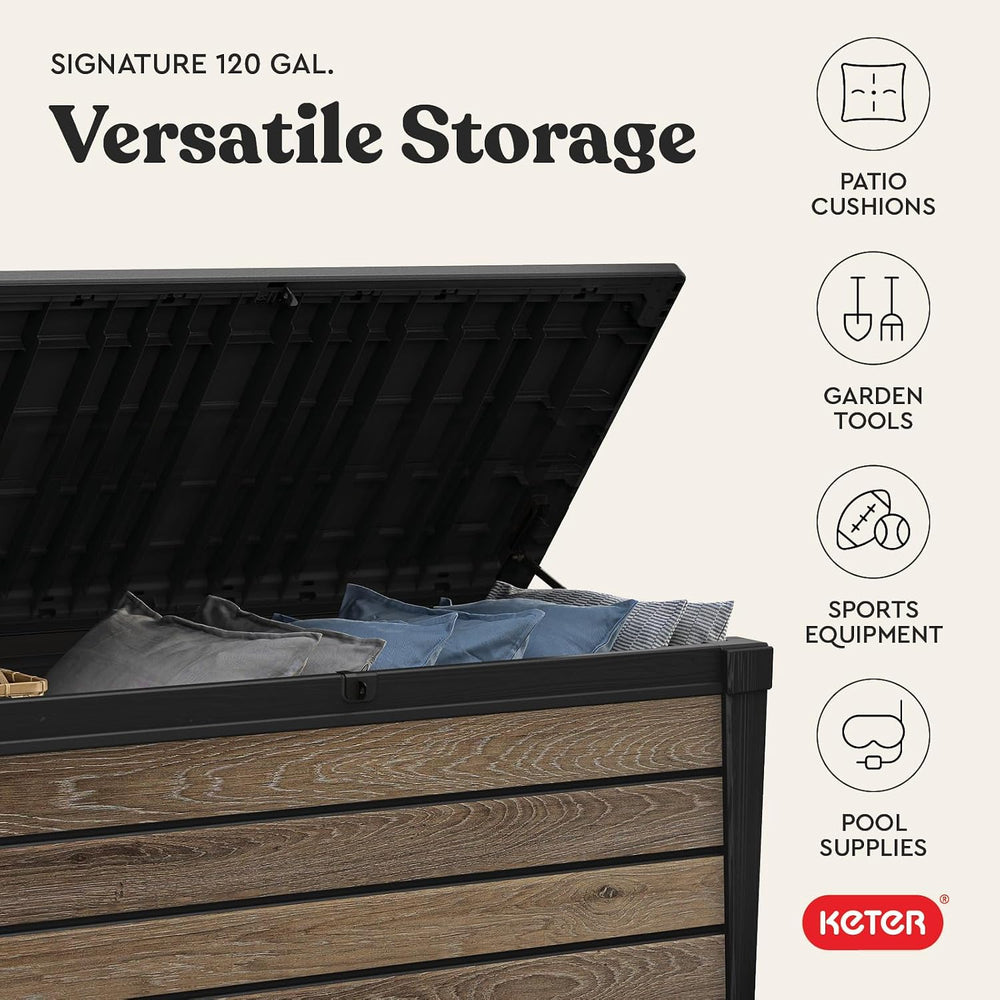 Keter Signature Collection 120 Gallon Resin Deck Box Organization and Storage...