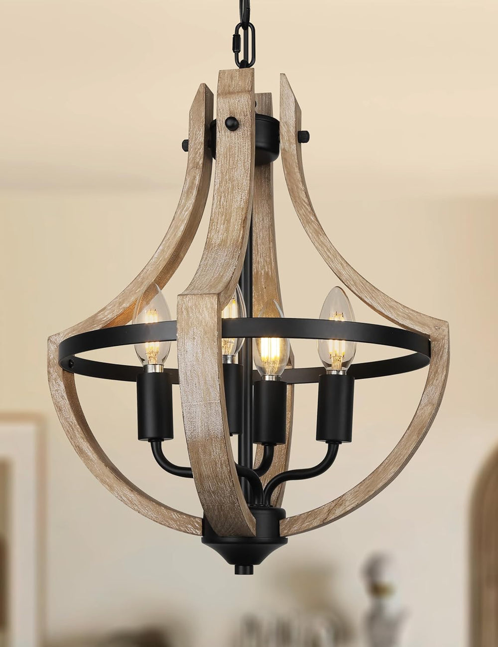 4-Light Farmhouse Dining Room Light Fixture, Adjustable Height Hanging Wood V...