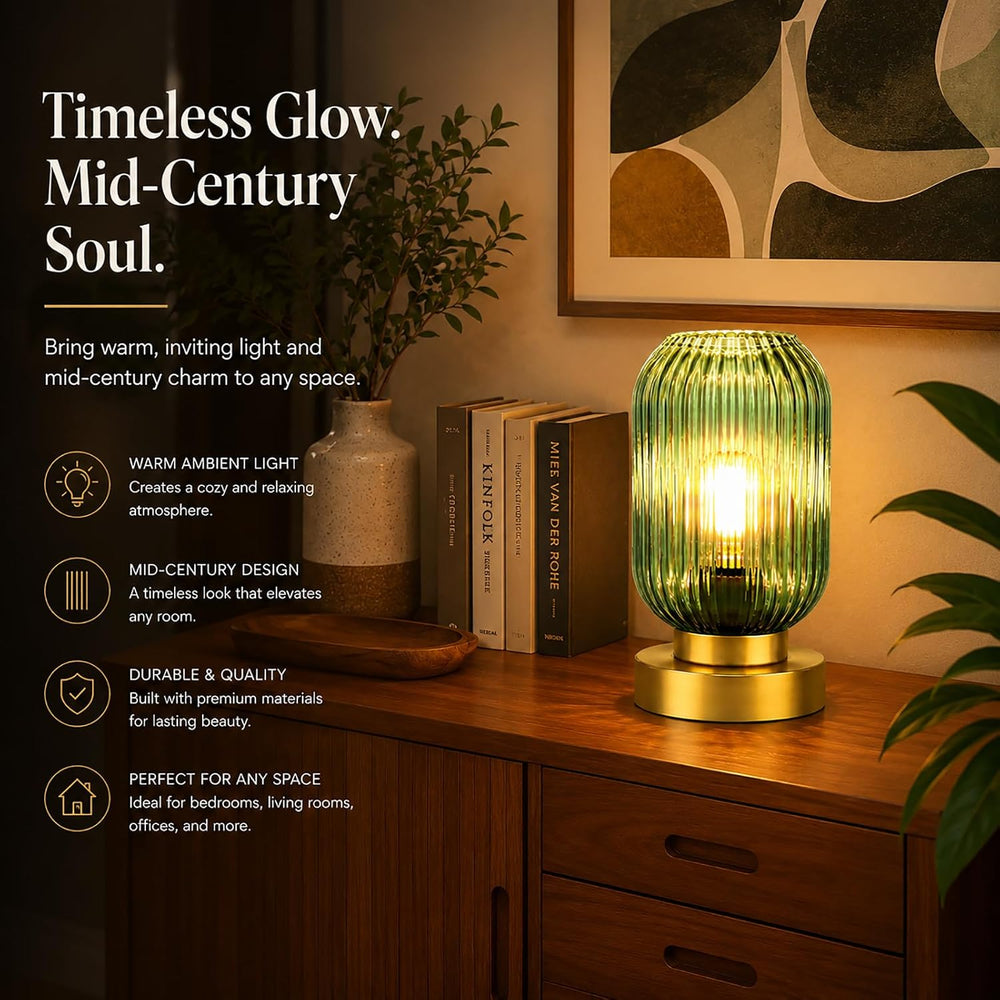 Mid Century Modern Table Lamp, Touch Control & 3 Way Dimmable, Green Ribb...