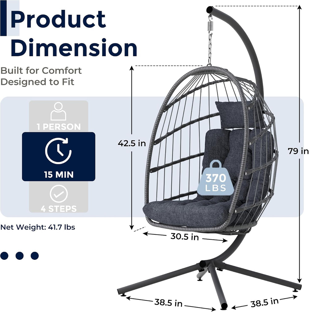 SWITTE Egg Chair Outdoor with Stand, Indoor Wicker Hanging Egg Swing, Grey