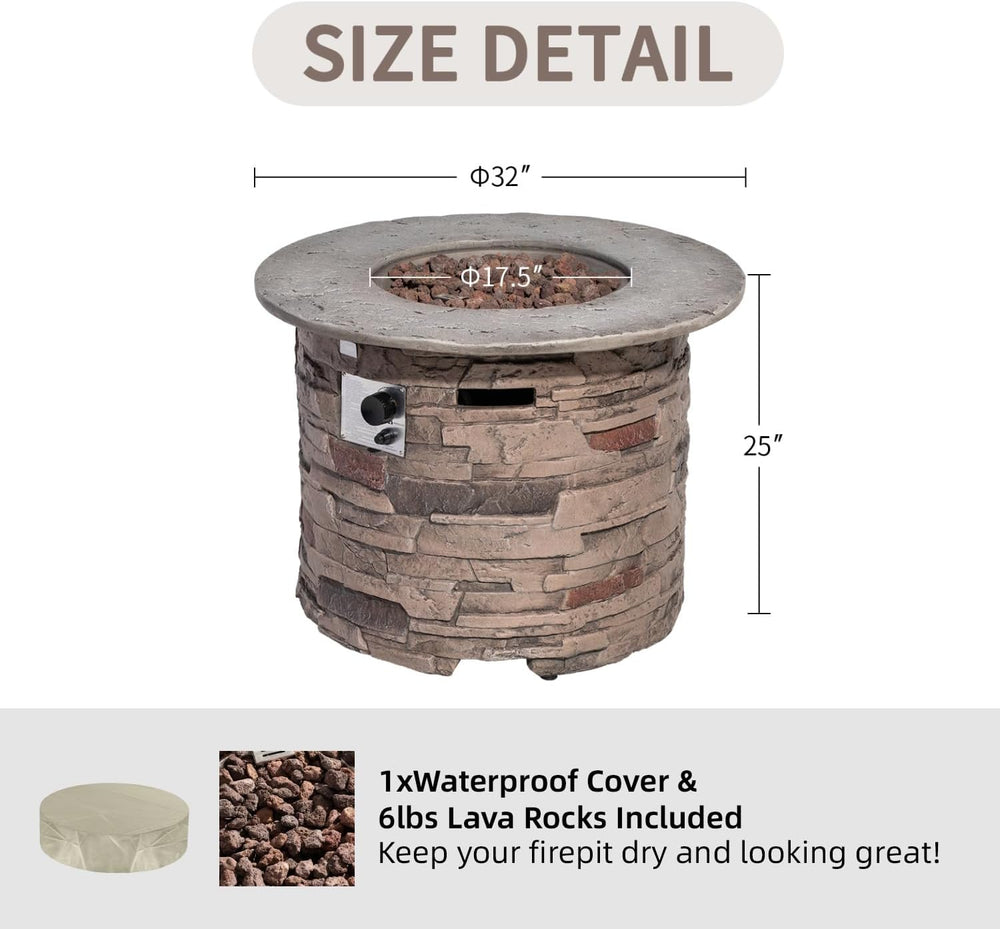 SUNBURY Outdoor Fire Pit Propane Round Fire Pit Table Fire Column, Stonecrest...
