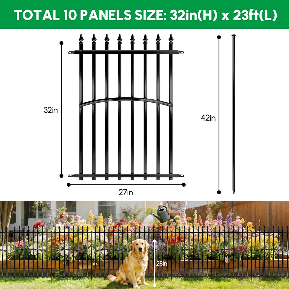 Metal Garden Fence 32in H x 27in W (10 Panels, Total Length 23ft), No Dig Ani...