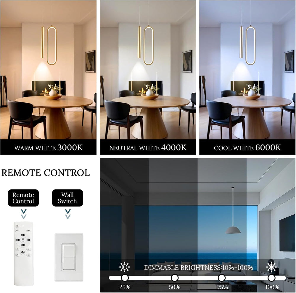 Gold Modern Mini LED Pendant Light with Remote Control, 24W 3-Color Temp Step...