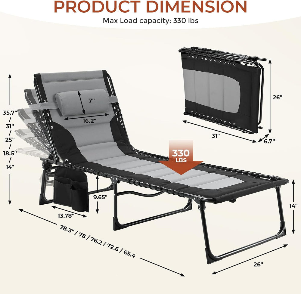 TLSUNNY Padded Folding Lounge Chair with Pillow & Side Pocket