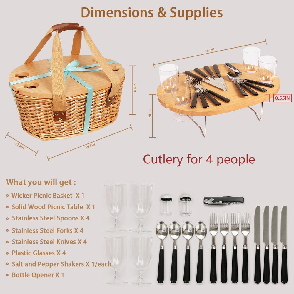 Hap Tim Wicker Picnic Basket Set for 4 with Mini Folding Wine Picnic Table &a...
