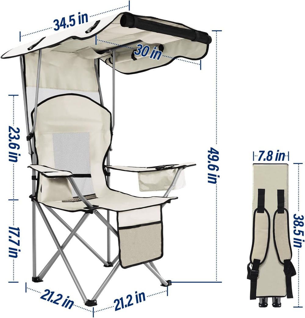 Beach Chair with Canopy Shade, Folding Camping Chair Support to 330LBS, Outdo...