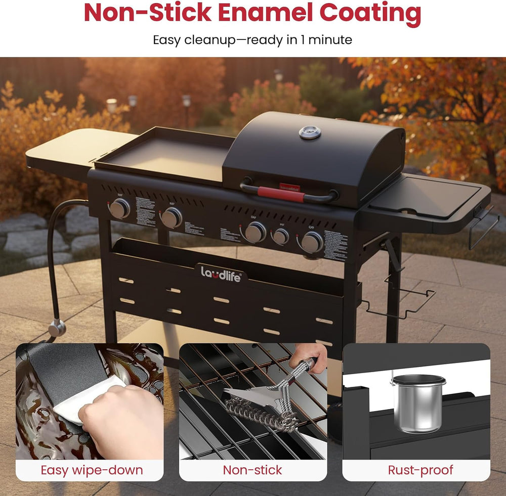 LAUDLIFE 5-Burner Propane Grill Griddle Combo with Side Burner