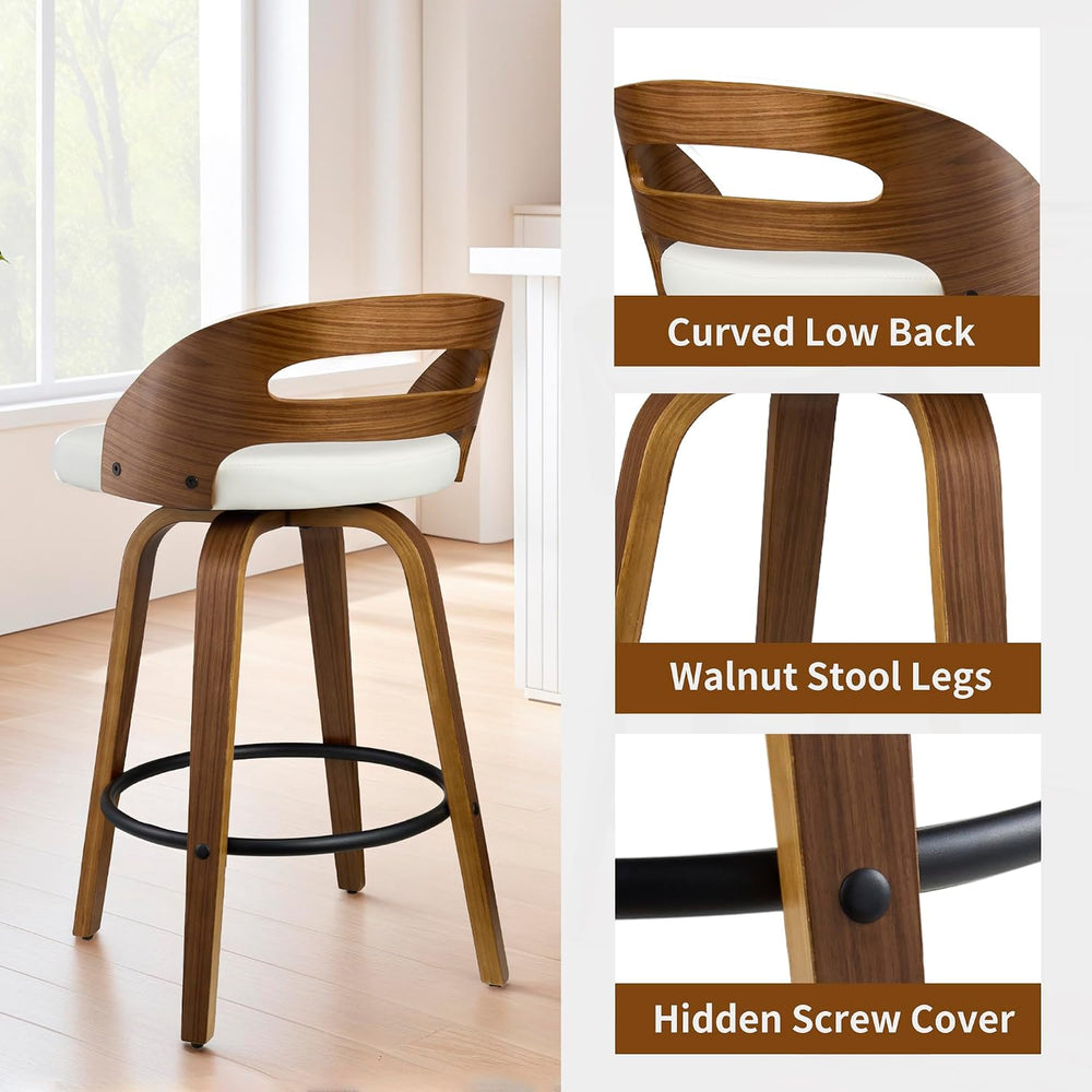 26" Swivel PU Leather Counter Height Bar Stools Set of 2, Low Back, Cream