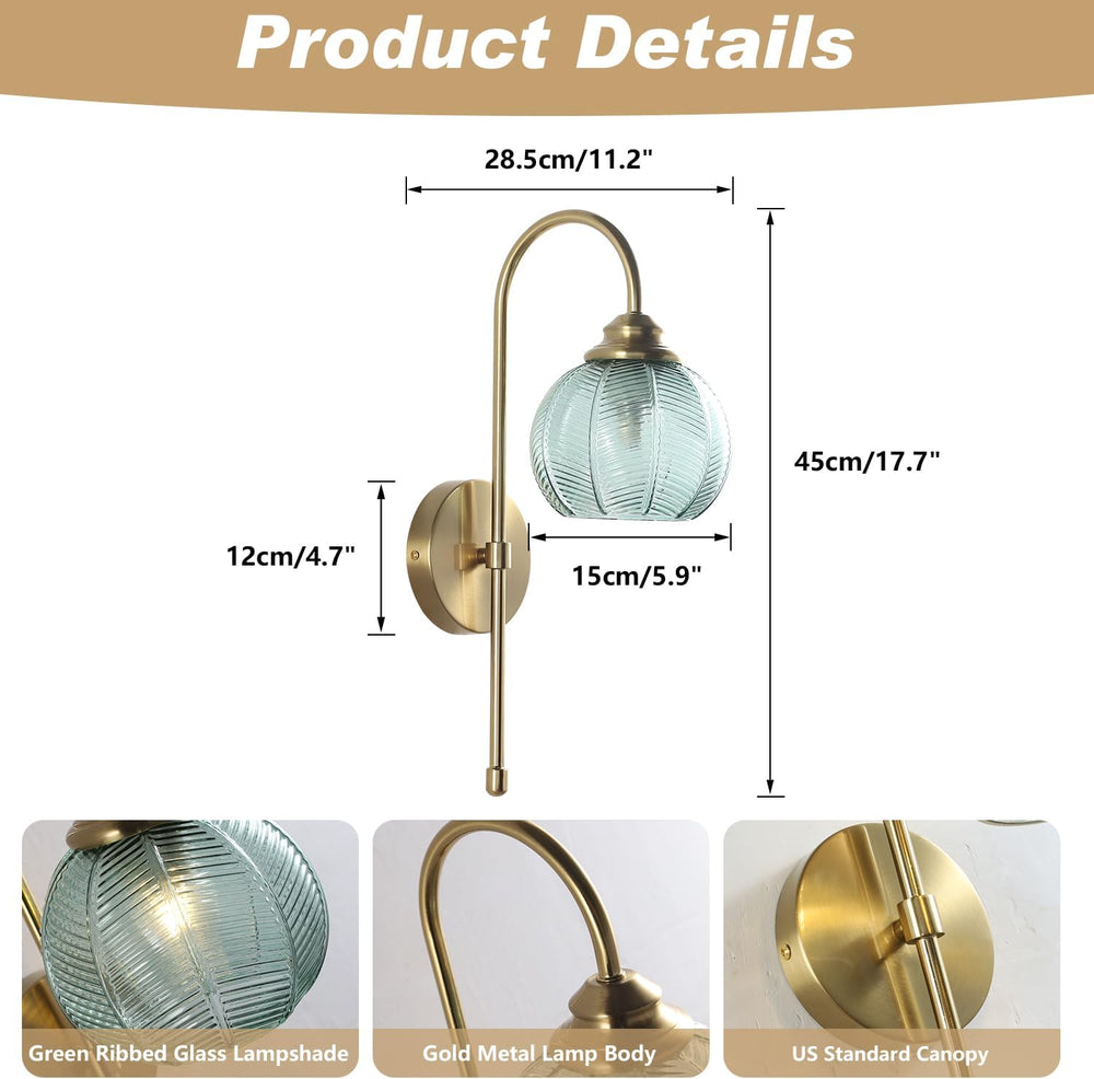 KCO Lighting Brushed Gold Wall Sconce Light Set of 2 Vintage Green Glass Wall...