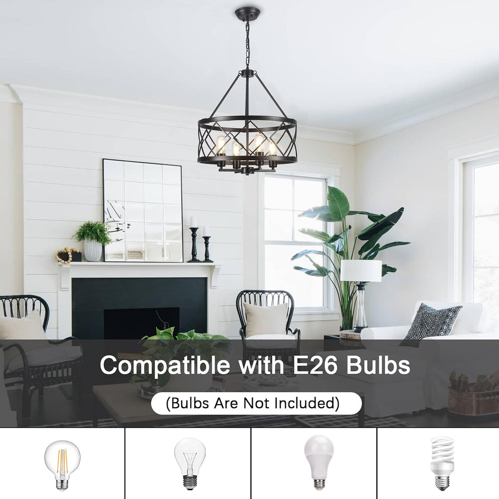 17.7" Black Farmhouse Chandelier, 4-Light Modern Drum Pendant Light Fixt...