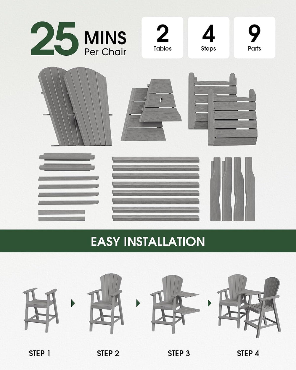 Tall Adirondack Chairs Set of 2 with Double Removable Trays, Grey