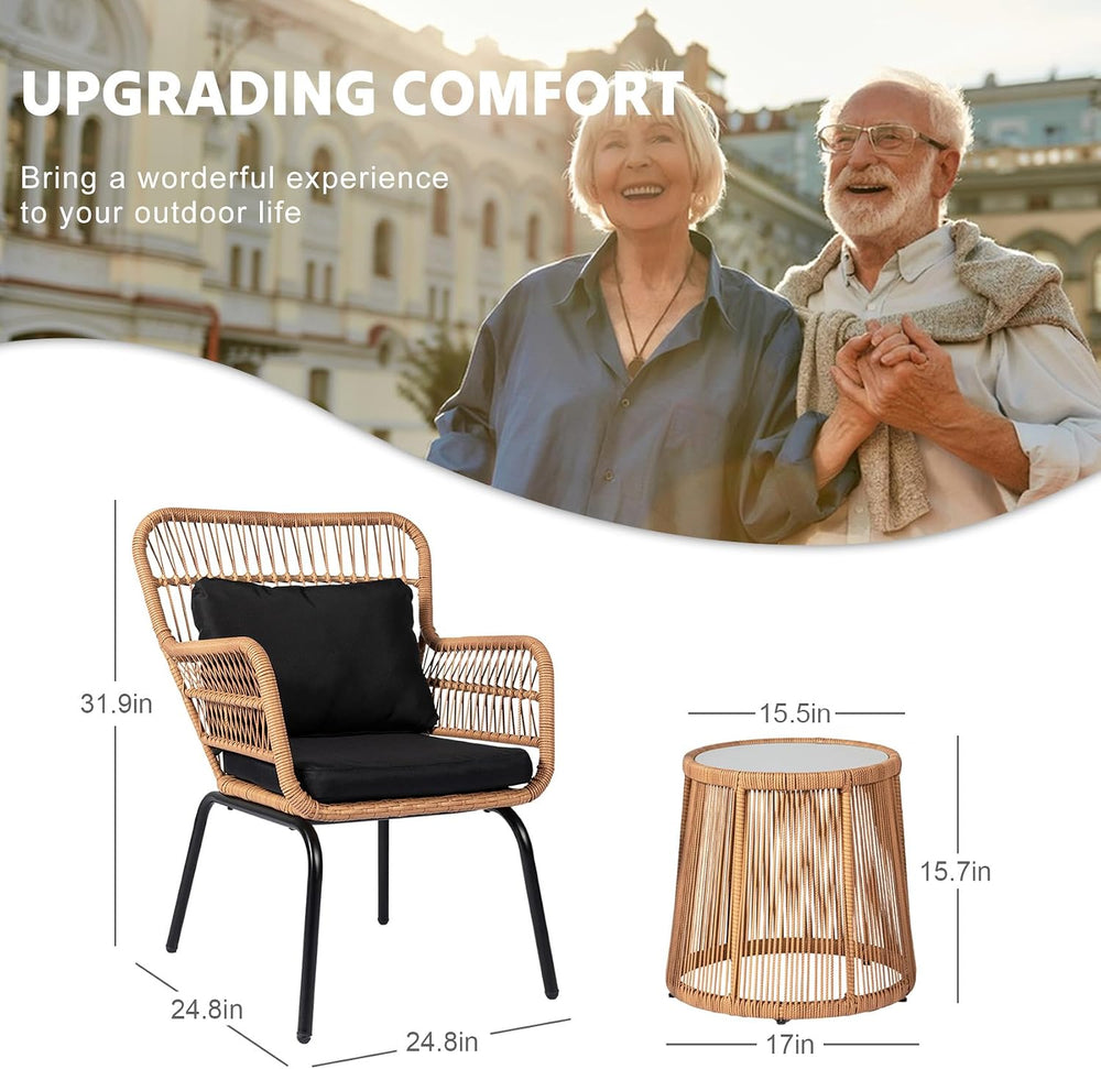 3 Piece Outdoor Wicker Furniture Bistro Set, Rattan Chairs Conversation Sets ...