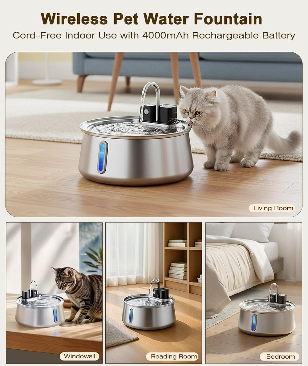 CEESC Cordless Cat Water Fountain, Stainless Steel, 4L/135oz for Cats/Dogs