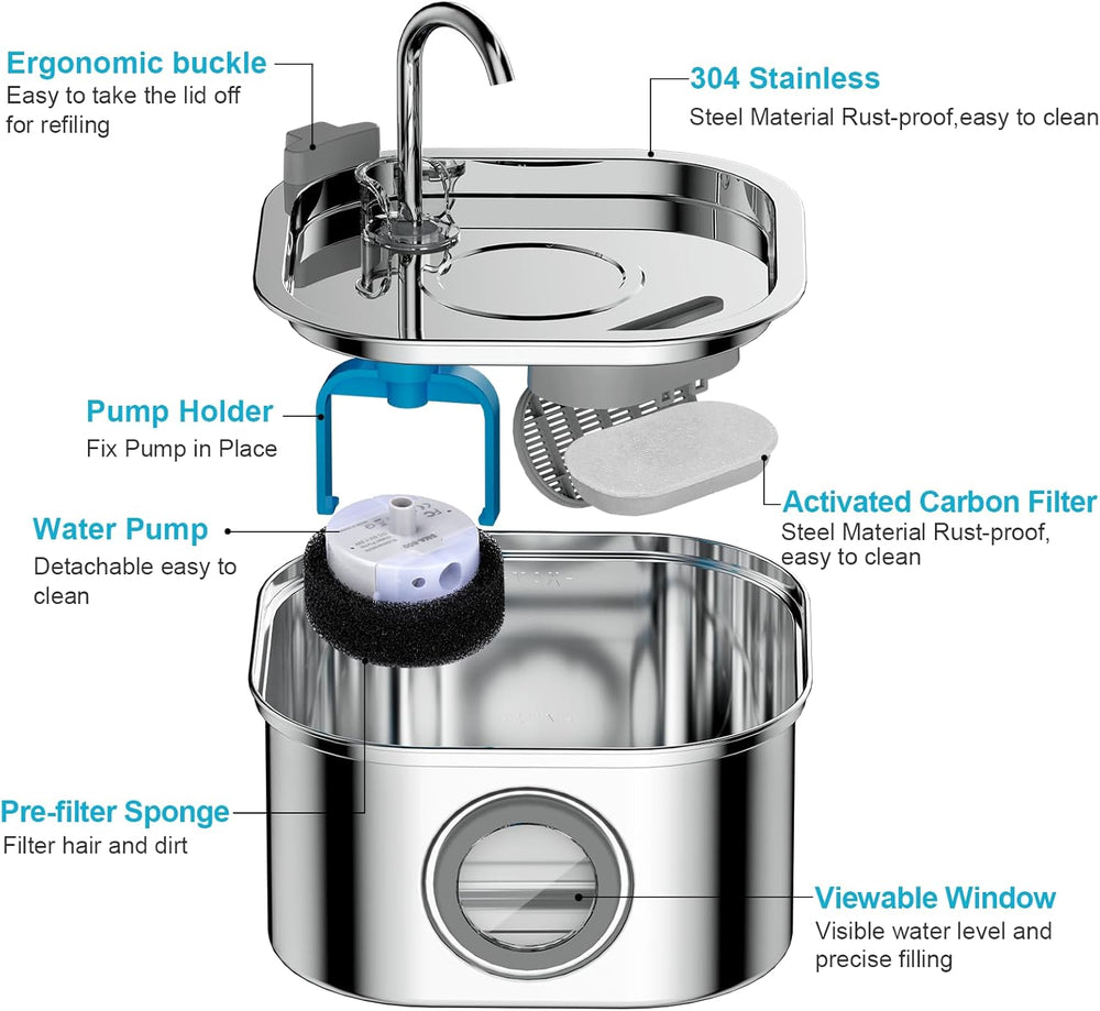 Cat Water Fountain Stainless Steel: 108oz/3.2L Automatic Pet Water Fountain -...