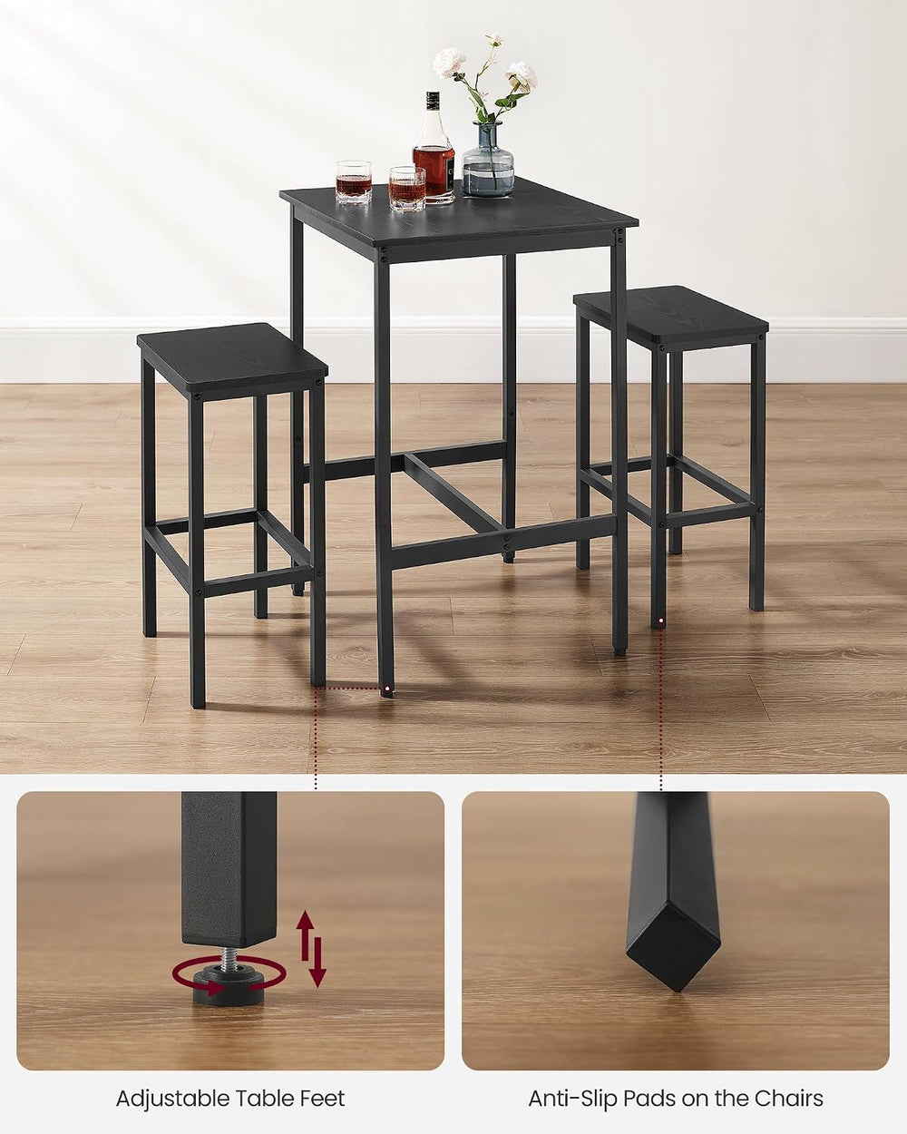 VASAGLE Bar Table and Chairs Set, Square, with 2 Stools, Space Saving