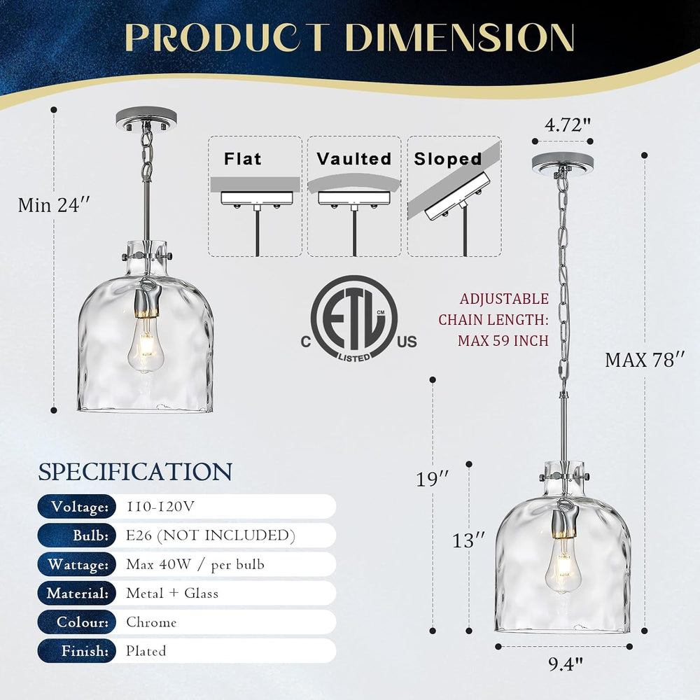 Chrome Hammered Glass Pendant Light, 10-Inch Dome, E26