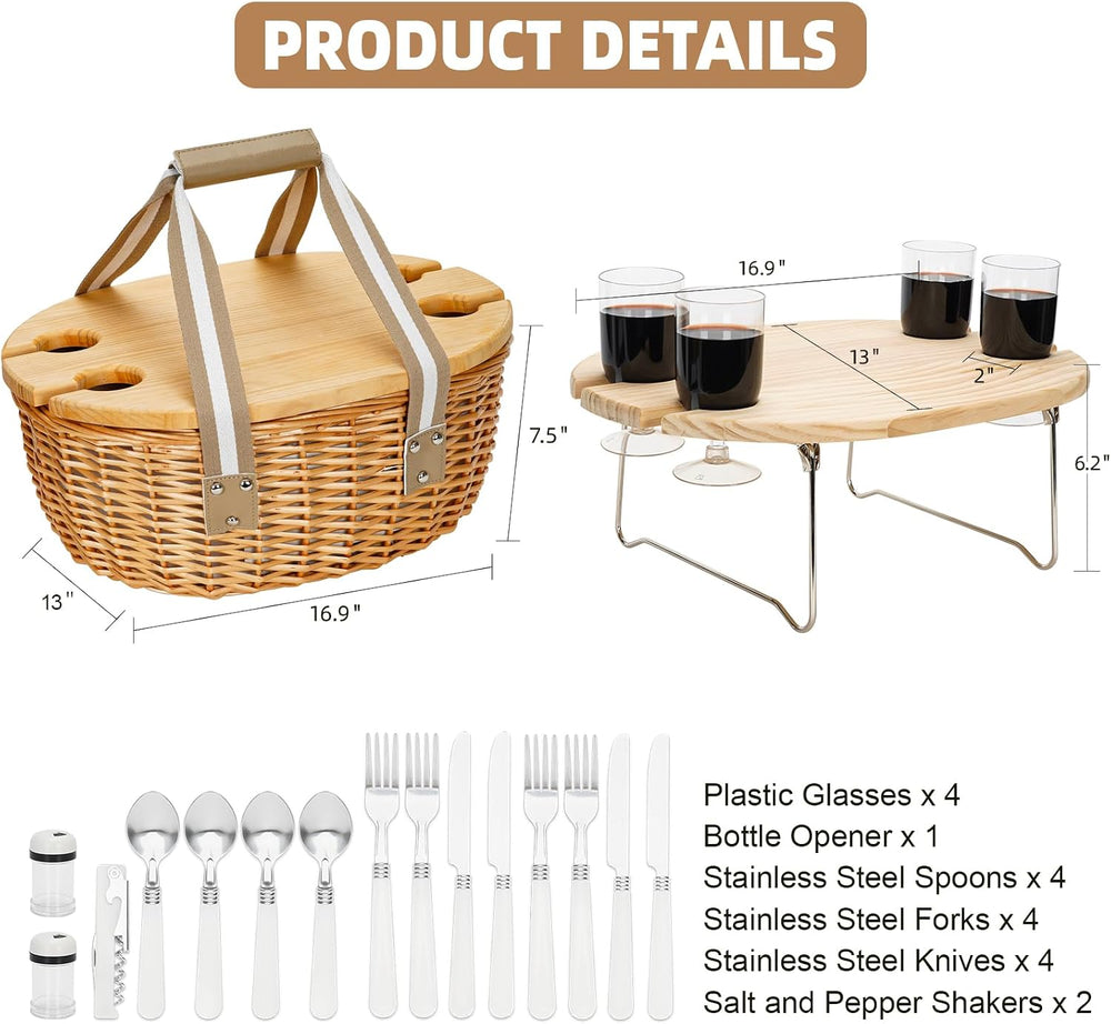 Wicker Picnic Baskets Set for 4 with Wine Table for Family, Beige