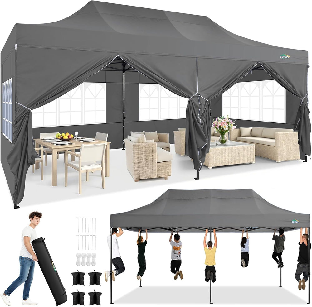 COBIZI 10x20 Heavy Duty Pop Up Canopy Tent with 6 Sidewalls, Gray